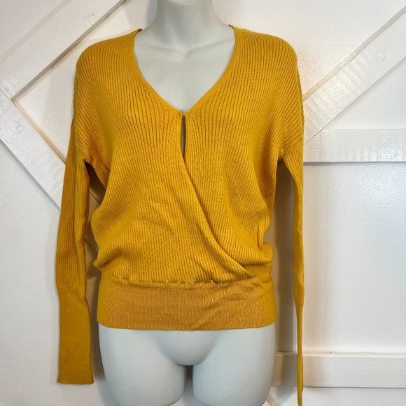 Nordstrom Elodie Mustard Yellow Ribbed Faux Wrap Sweater Small - Picture 2 of 10